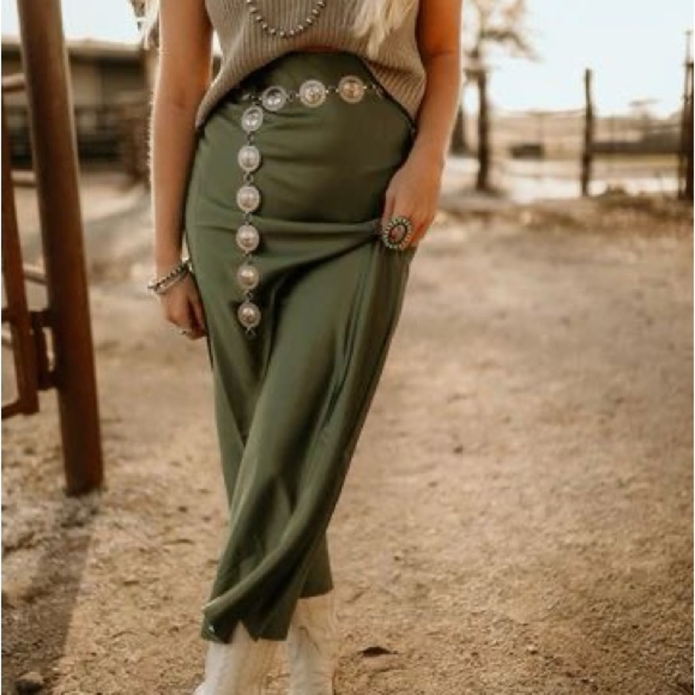 New Jewel Smoky Green Satin Midi Skirt Western Boho